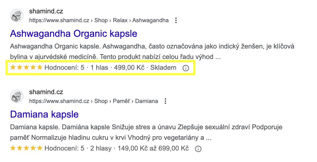 Ukázka rich snippets v organickém vyhledávání