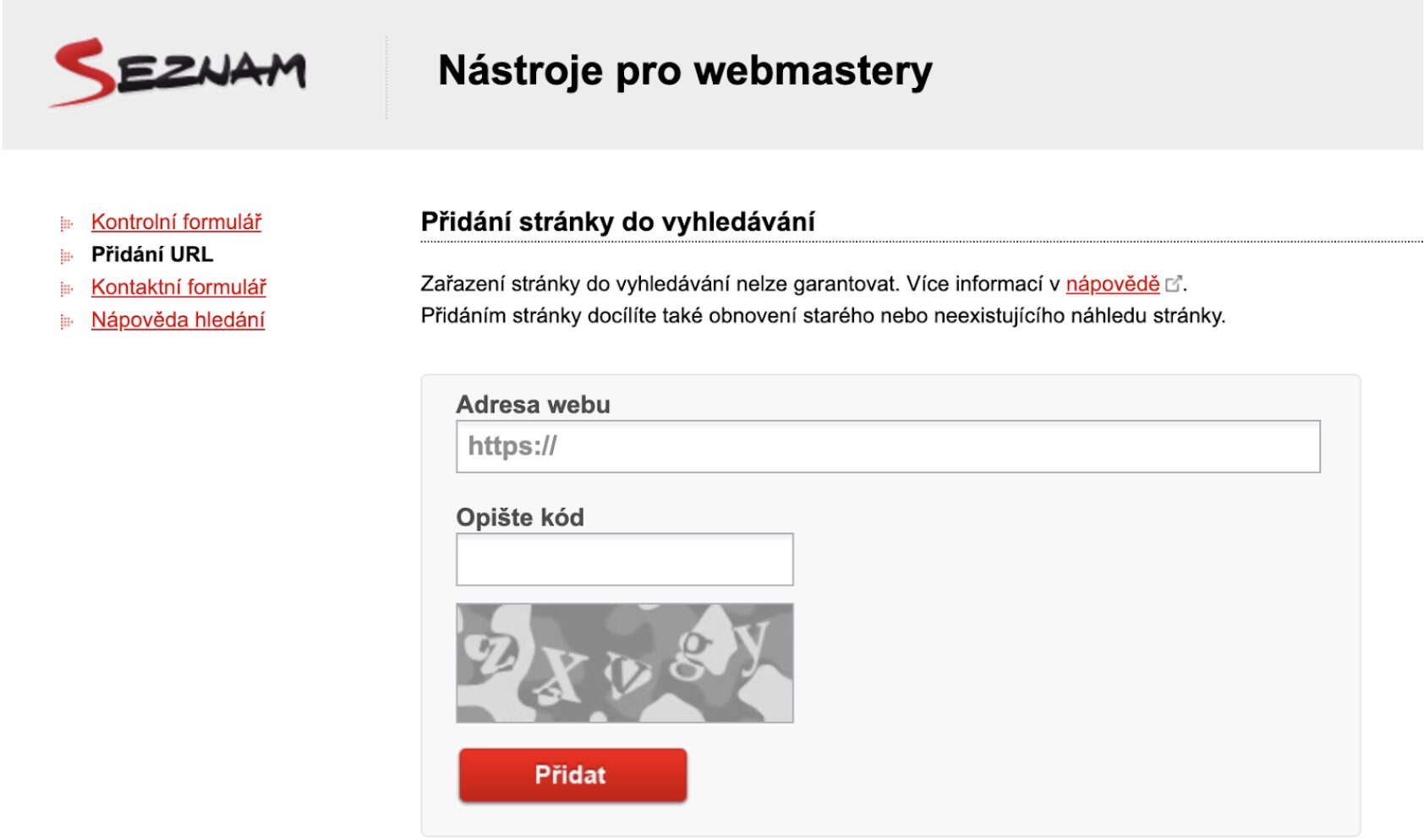 Seznam Webmaster - přidání URL. Indexace.