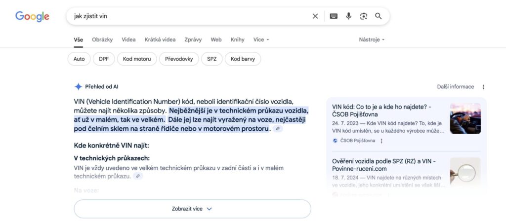 Ukázka výsledků vyhledávání (SERP) s aktivní Google Overview - květen 2025