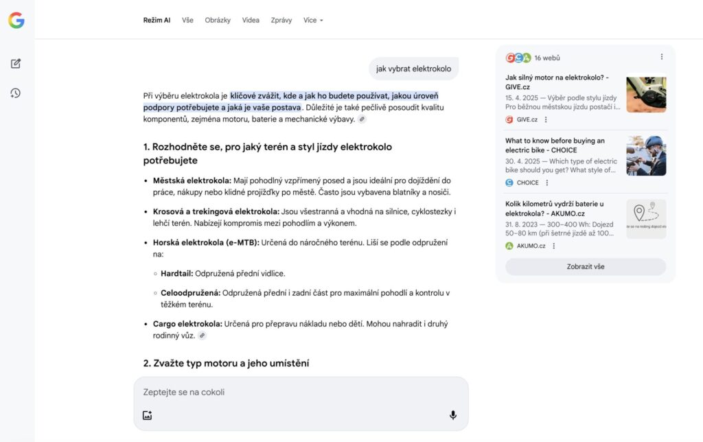 Ukázka Google AI mode v ČR (2025)